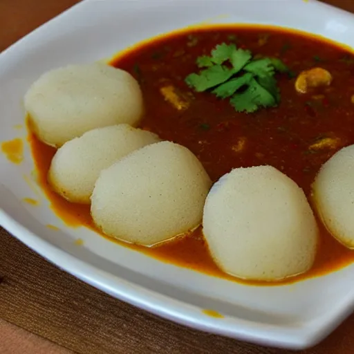 Prompt: idli sambhar eaten with chopsticks