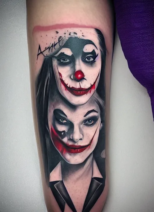 Image similar to a beautiful girl with joker makeup, holding an ace card, black and white, realism tattoo design, hyper realistic