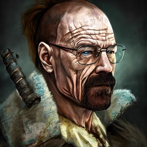 Prompt: Walter White Zombie Butcher, portrait, fantasy, medieval, vivid colors, elegant, concept art, sharp focus, beautiful face, digital art, Hyper-realistic, 4K, Unreal Engine, Highly Detailed, HD, Dramatic Lighting by Brom, trending on Artstation