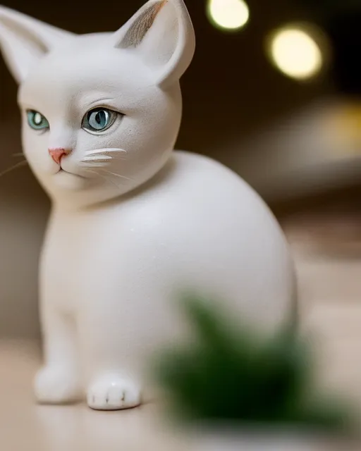 Image similar to high quality presentation photo of a detailed porcelain figurine of a cute cat, photography 4k, f1.8 anamorphic, bokeh, 4k, Canon, Nikon