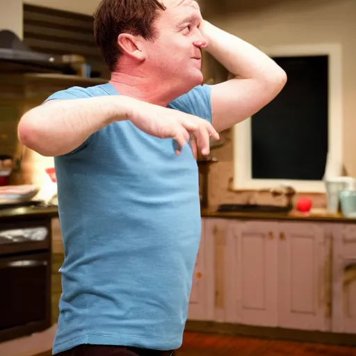 Image similar to a middle aged irish / english man with brown hair, red cheeks, clean shaven, and wearing shorts and a dark blue t - shirt, dancing animatedly like a chicken in the kitchen. he has brown medium hair