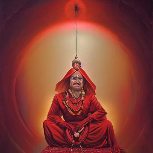 Image similar to wise old Indian guru, red and gold, by Anato Finnstark, Tom Bagshaw, Brom