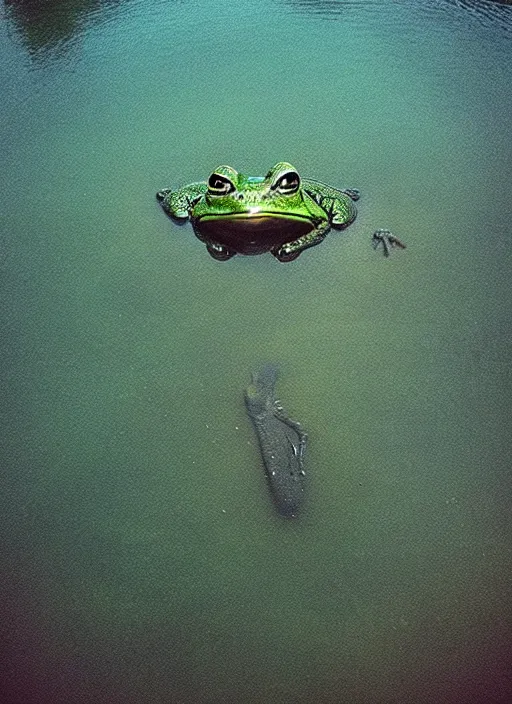 Image similar to “semitranslucent smiling frog vertically hovering over misty lake waters in jesus christ pose, low angle, long cinematic shot by Andrei Tarkovsky, paranormal, eerie, mystical”