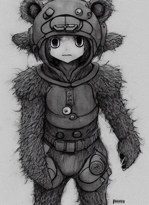 Image similar to beautiful little boy wearing an cyborg bear suit, artwork in kentaro miura and made in abyss and rosdraws, smooth, beautiful lightness, anatomically correct, trending on pixiv, forest