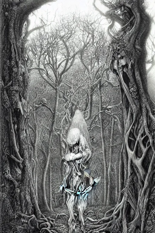 Prompt: wide angle flash photo of a creepy anthropomorphic creature hiding behind trees in a magic forest by Daniel Merriam and Gustave Doré