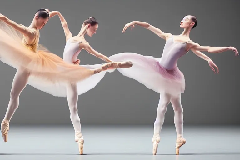 Image similar to still photo of ballet dancers dancing, wearing silk cloth in whole body, highly detailed, photorealistic portrait, bright studio setting, studio lighting, crisp quality and light reflections, unreal engine 5 quality render