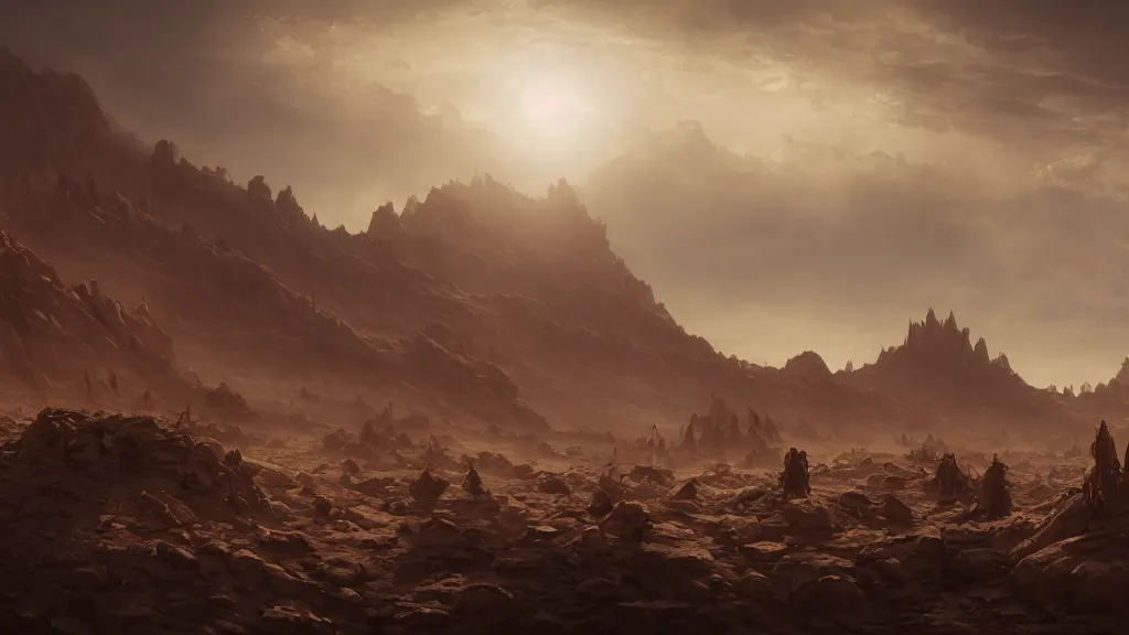 Image similar to a sinister desert planet, desert landscape, ward after the battle, corpses, pain, despair, dramatic lighting, cinematic, extremly high detail, photorealistic, cinematic lighting, post processed, concept art, artstation, matte painting, style by greg rutkowsky, perfect readability