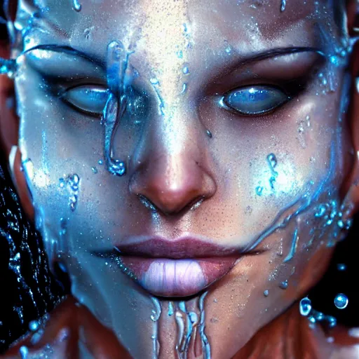 Prompt: cyborg sweating water, big drops of sweat, forehead only, by Hajime Sorayama, airbrush art, beautiful face, highly realistic, star flares, trending on artstation, beautiful lighting, sharp, details, hyper-detailed, HD, HDR, 4K, 8K