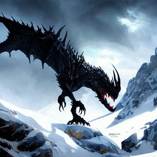 Image similar to giant black dragon in the snowy mountains, fantasy, greg rutkowski