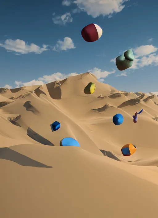 Prompt: flying 3 d organic objects, spline colorful, morphing objects, vray render, cinema 4 d, cinematic scene in the desert, ambient occlusion