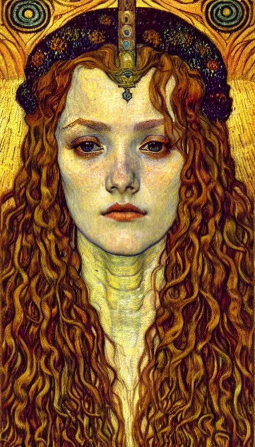 Image similar to detailed realistic beautiful young medieval queen face portrait by jean delville, gustav klimt and vincent van gogh, art nouveau, symbolist, visionary, gothic, pre - raphaelite, muted earthy colors, desaturated