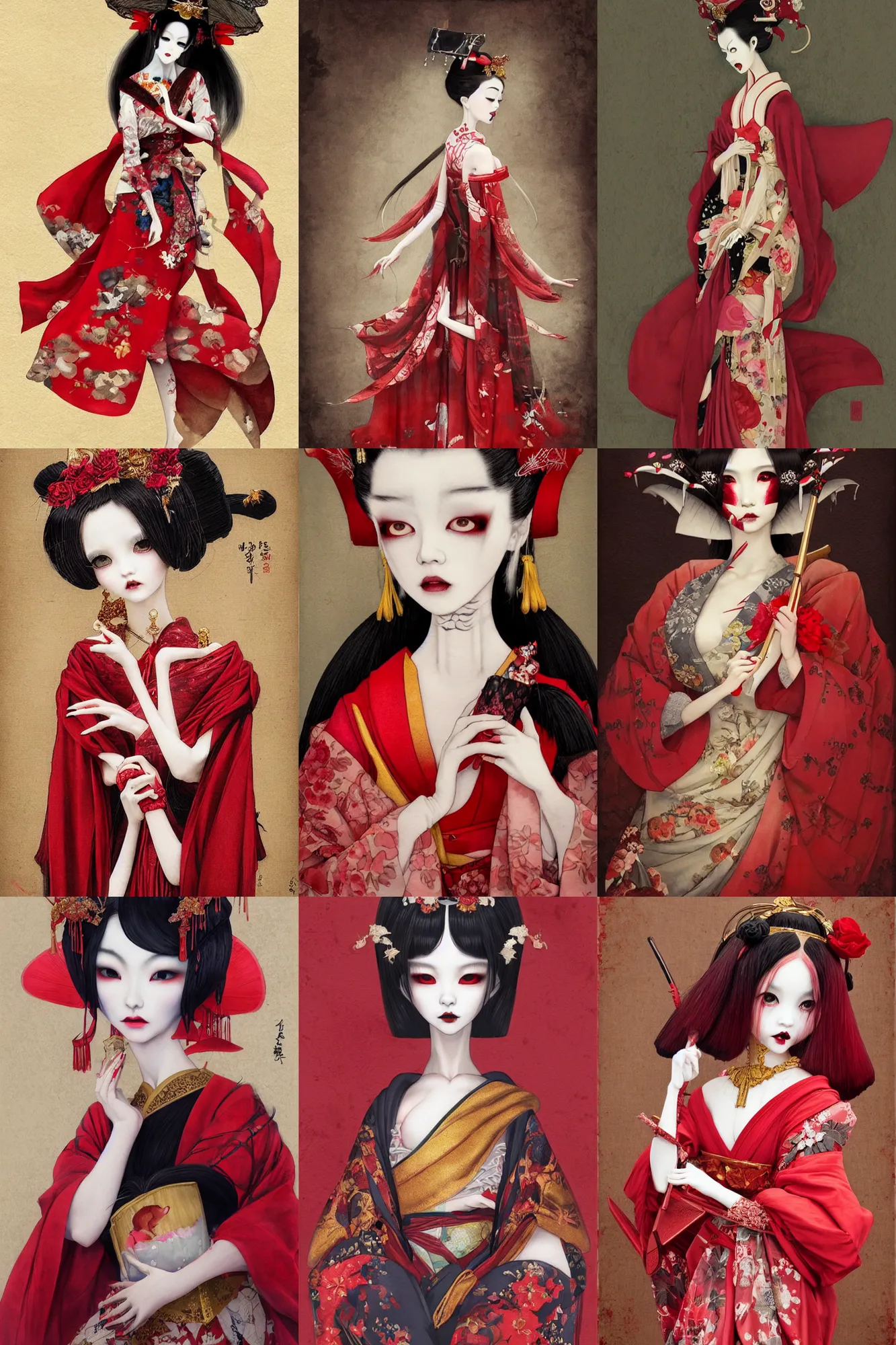 Prompt: watercolor painting of an avant - garde japanese bjd geisha vampire queen with a long neck in a lolitafashion red dress, painted by z. w. gu, amy sol, tom bagshaw, intricate detail, artstation, artgerm, in the style of dark - fantasy, rococo, gold leaf art