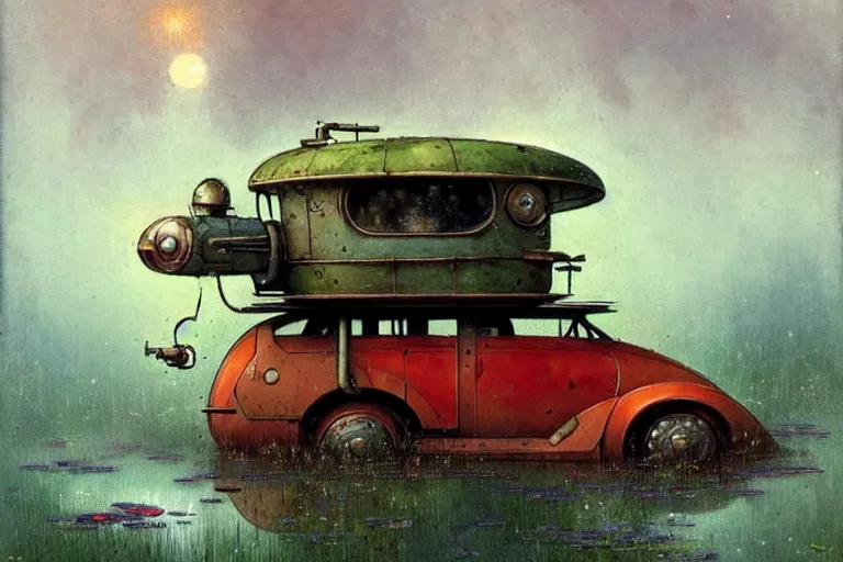 Prompt: adventurer ( ( ( ( ( 1 9 5 0 s retro future robot mouse wagon vehical home. muted colors. swamp. water lilies ) ) ) ) ) by jean baptiste monge!!!!!!!!!!!!!!!!!!!!!!!!! chrome red