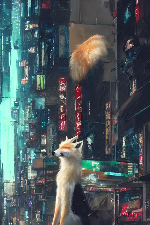 Image similar to beautiful portrait of a tall white female anthro fox smoking a cigarette towering head and shoulders above the bustling crowd of a rainy city street around her, cyberpunk clothes, cyberpunk, harsh neon lights, highly detailed, sharp focus, digital painting, illustration, trending on artstation, art by sakimichan, wlop, greg rutkowski