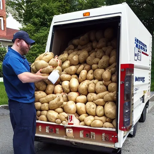 Prompt: mail man driving a mail van filled with potatoes in pittsburgh real life, 8 k, 4 k uhd, realistic, hyper realistic, super detailed, very detailed, detailed