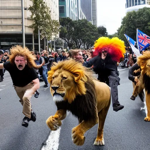 Prompt: News footage of New Zealand freedom protesters being chased by a pride of angry lions.