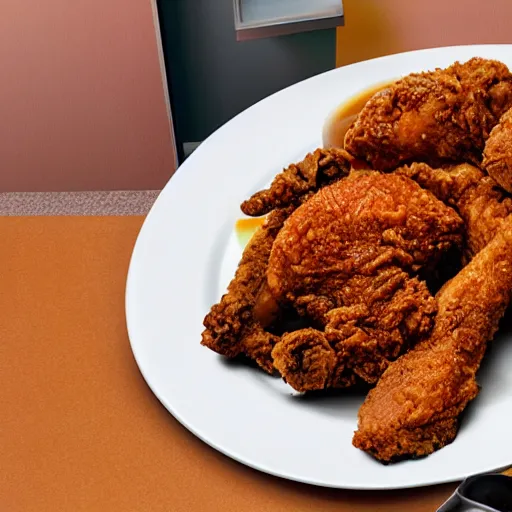 Prompt: large plate of delicious greasy fried chicken, with a side of dipping sauces, realistic advertising photography, 4K resolution, spot lighting