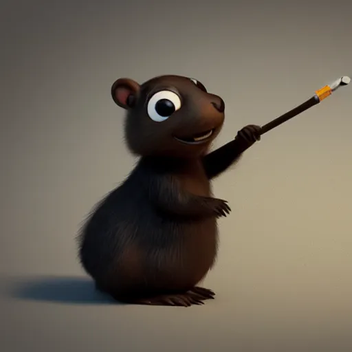 Image similar to cute anthro brown marmot in a black tuxedo while holding a pencil, pixar character, digital art, 3 d rendered in octane, blender, maya, shadows, lighting