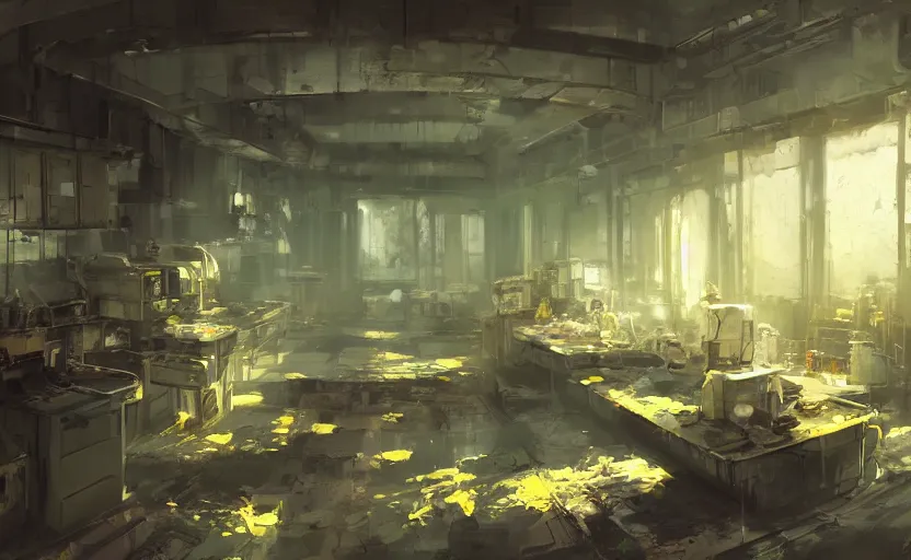 Prompt: a messy chemical lab interior, scifi, post apocalyptic, painting by Craig Mullins, octane rendering, soft morning lighting, wide angle lens, low view, in the style of Hayao Miyazaki, trending on artstation,