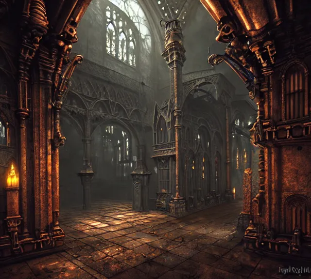 Image similar to steam necropolis, memento mori, gothic, neo - gothic, art nouveau, hyperdetailed copper patina medieval icon, stefan morrell, philippe druillet, ralph mcquarrie, concept art, steampunk, unreal engine, detailed intricate environment, octane render, moody atmospherics, volumetric lighting, ultrasharp, ominous, otherworldly