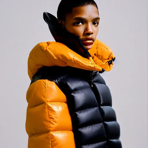 Image similar to realistic! photoshoot for a new balenciaga lookbook, color film photography, portrait of a beautiful woman wearing a puffer jacket, photo in style of tyler mitchell, 35mm