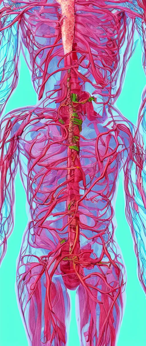 Image similar to kawaii pastel man made of internal organs and arteries and veins, digital art, pastel, colorful,