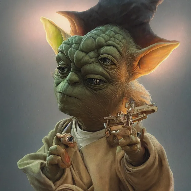 Image similar to fine art painting of Yoda on a bad drug trip, drugs and alcohol littered everywhere, dizzy, trippy, artstation, cgsociety, very detailed, intricate, detailed illustration, by artgerm and greg rutkowski and alphonse mucha, sharp, smooth, masterpiece