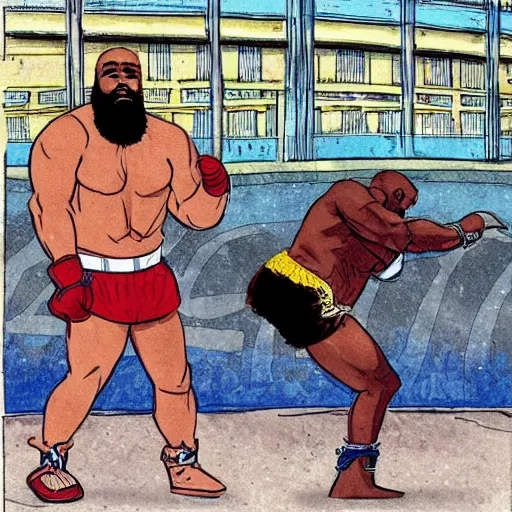 Prompt: mr. t fighting kimbo slice in city street traffic, intricate complexity, extremely detailed, very sharp,