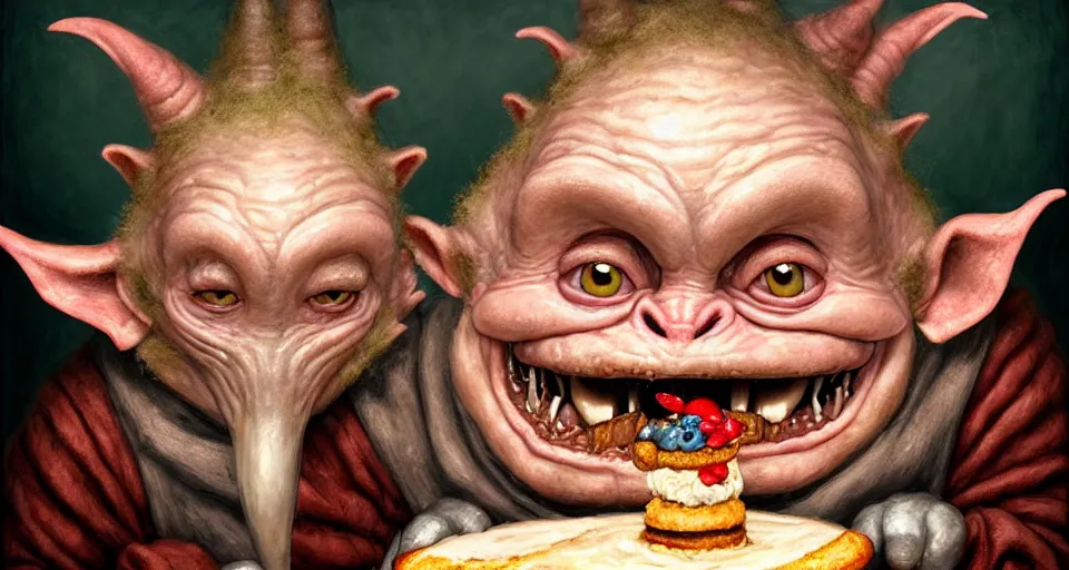 Image similar to closeup profile portrait of a medieval goblin eating cakes in the castle kitchen, nicoletta ceccoli, mark ryden, lostfish, max fleischer, hyper realistic, artstation, illustration, digital paint, matte paint, vivid colors, bright, cheerful, detailed and intricate environment