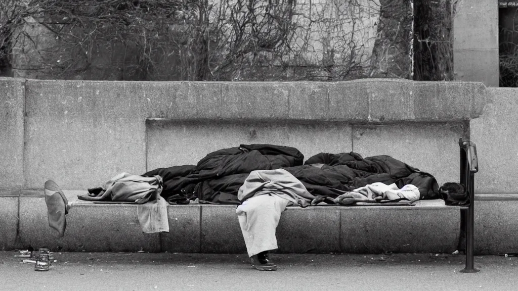 Prompt: ilford photo of homeless sleeping on a bench