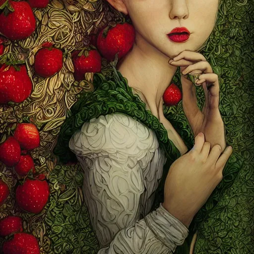 Image similar to the portrait of an absurdly beautiful, graceful, elegant, chaste, young woman made of strawberries and green petals, an ultrafine detailed illustration by kim jung gi, irakli nadar, intricate linework, bright colors, octopath traveler, final fantasy, angular, unreal engine 5 highly rendered, global illumination, radiant light, detailed and intricate environment