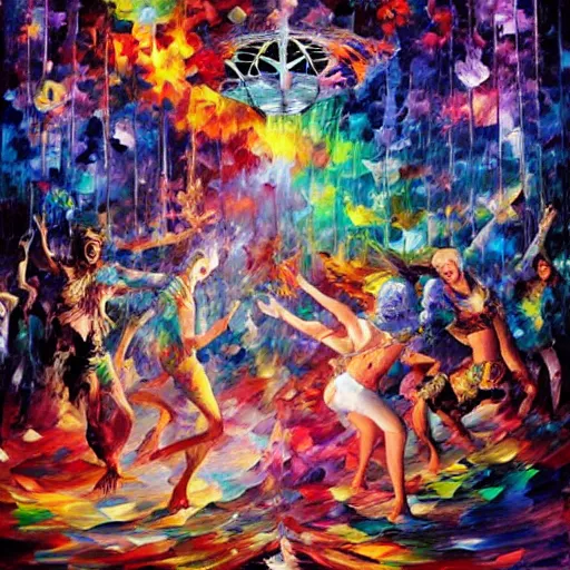 Prompt: psychedelic rave dance party by arthur adams, charlie bowater, leonid afremov, chiho ashima, karol bak, david bates, tom chambers