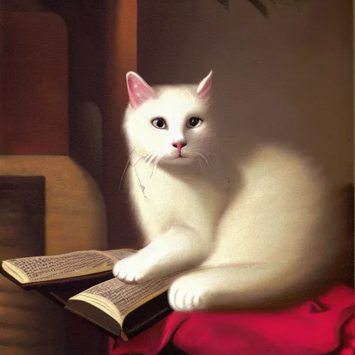 Image similar to baroque painting of a white fluffy cat reading in a chair by the fire. Renaissance oil on canvas 4k