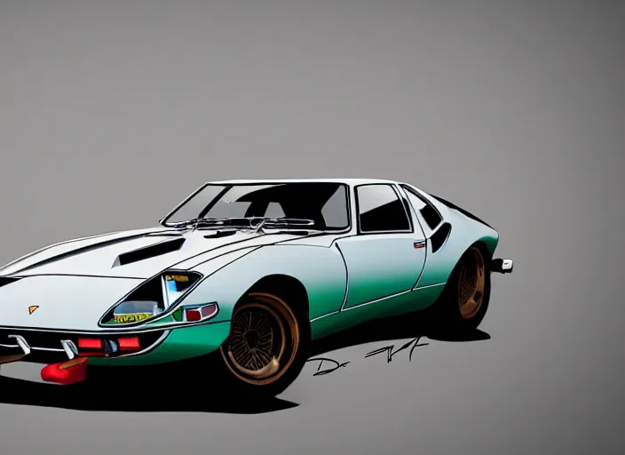 Image similar to a blending, amalgamation and detailed combination of a lamborghini countach, datsun 2 6 0 z and a jaguar e - type, concept art, round headlights, 8 k, highly detailed, trending on art station