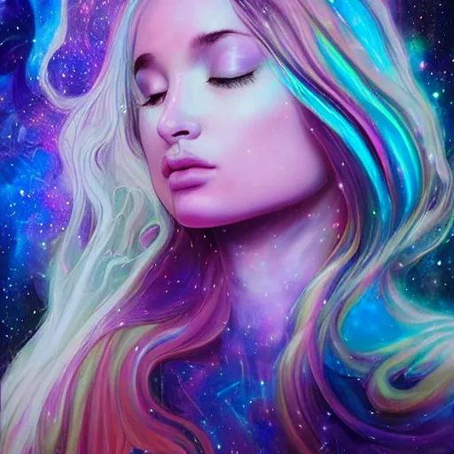 Image similar to a galaxy pink purple and blue colored psychedelic ethereal portrait of kim petras with her eyes closed transcending to a higher plane of existence, eternal blessing, multiverse, by android jones, by ben ridgeway, visionary art, by artgerm, featured on artstation, cgsociety, by greg rutkowski