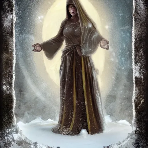 Prompt: tall female angel, flowing robes, shroud, veil, ornate armor, standing on a snowy ruined temple