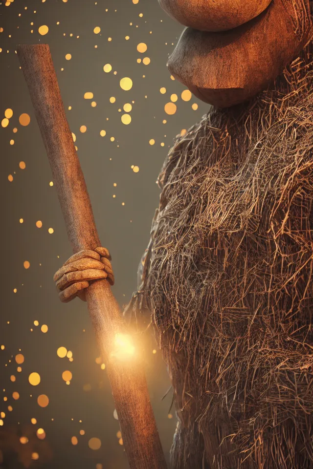Prompt: beautiful close - up intimate portrait of a big wooden scarecrow, floating particles, sparks, made of wood, octane render, holding a very shiny metallic aluminium rustic axe, bokeh, soft focus, f 1. 8, unreal engine, particles, raytracing