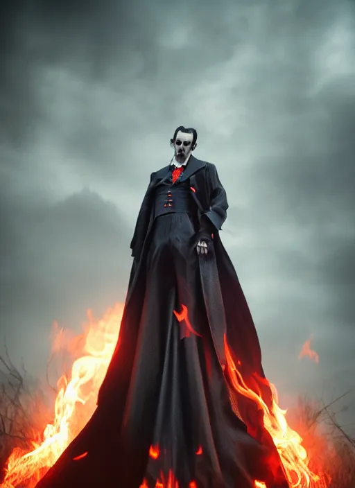 Image similar to dracula posing, flames, dark atmosphere, cinematic shot, intricate, ornate, photorealistic, ultra detailed, realistic, 1 0 0 mm, photography, octane, high definition, depth of field, realism, 8 k, artstation