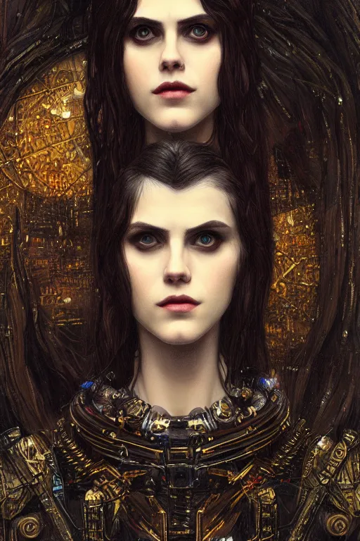 Image similar to portrait of beautiful gothic Alexandra Daddario, cyberpunk, Warhammer, highly detailed, artstation, illustration, art by Gustav Klimt