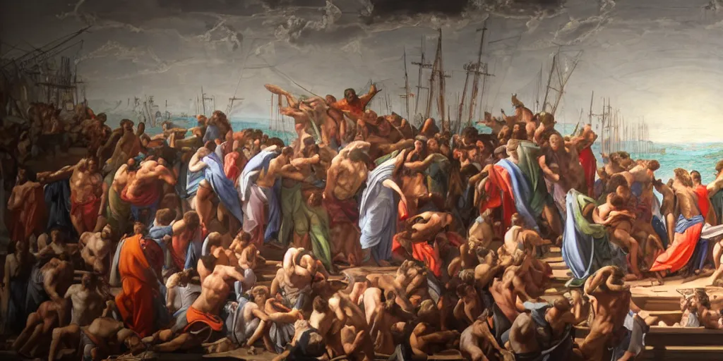 Image similar to a mix between the last supper, the raft of the medusa and the school of athens, matte painting, oil canvas, photorealistic illustration, extreme detail, hyper realistic, highly detailed, digital art