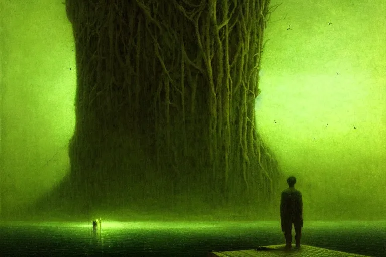 Image similar to man standing on the pier against flyflies and big trees, in the style of beksinski, solarpunk, atmospheric, clean, intricate and epic composition, green by caravaggio, insanely quality, highly detailed, masterpiece, blue light, artstation, 4 k