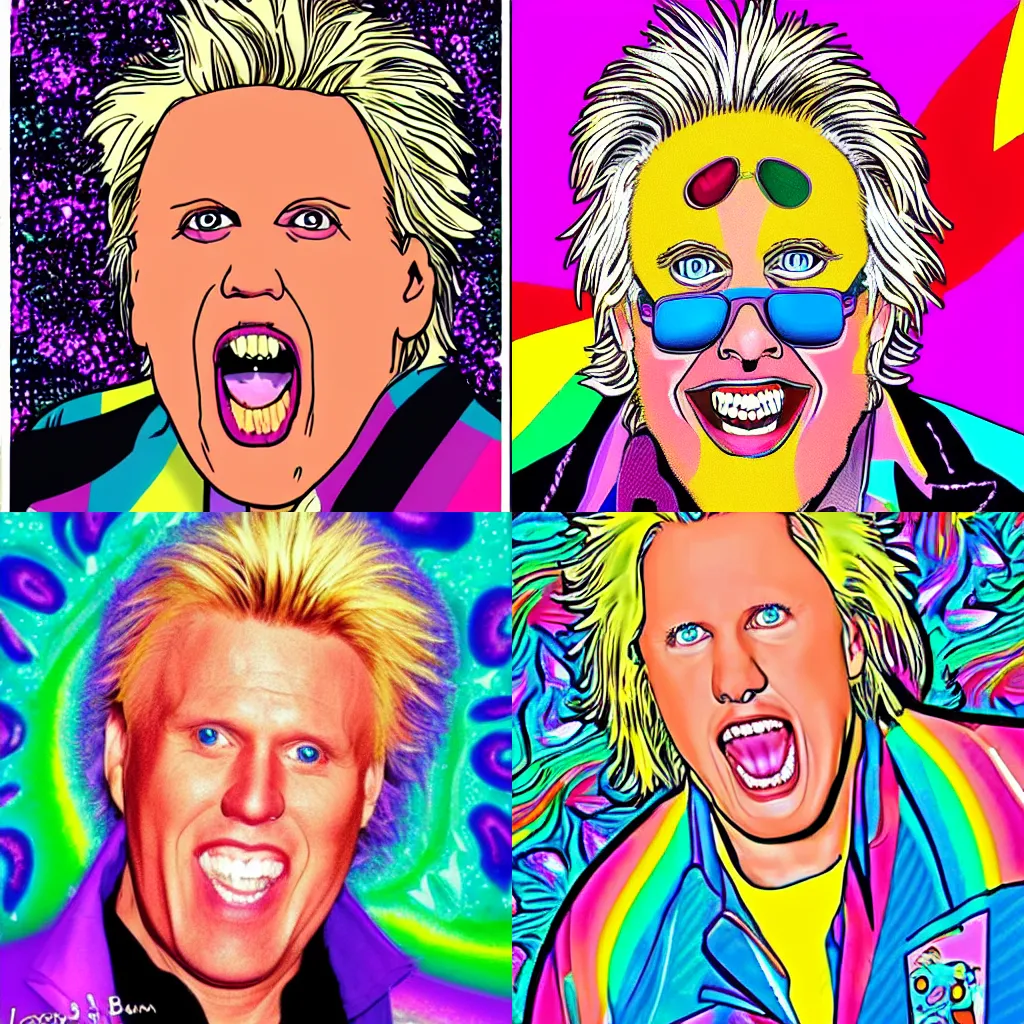 Prompt: Gary Busey crazy, lisa frank style