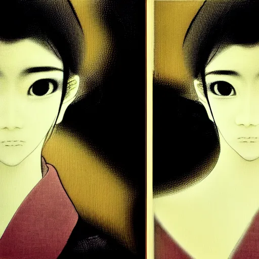 Image similar to yoshitaka amano blurred and dreamy realistic three quarter angle portrait of a young woman with short hair and black eyes wearing office suit with tie, junji ito abstract patterns in the background, satoshi kon anime, noisy film grain effect, highly detailed, renaissance oil painting, weird portrait angle, blurred lost edges