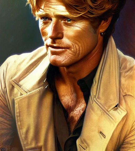 Image similar to painted closeup portrait of robert redford, masculine, young, charming, majestic, athletic, fantasy, intricate, elegant, extremely detailed digital painting, trending artstation, concept art, sharp focus illustration art by alphonse mucha, greg rutkowski, craig mullins