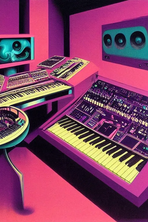 Prompt: 8 0 s art deco synthesizers, speakers, computers, studio, man, piano, cinematic dramatic cyberpunk textural fluid lines purple, pink, blue, green. otherworldly vaporwave interesting details fantasy lut epic composition by basquiat zdzisław beksinski james jean artgerm rutkowski moebius francis bacon gustav klimt