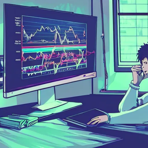 Prompt: a young man sitting on his computer in his messy bedroom staring at several computer monitors showing crypto trades, illustration, colourful, chill, anime asthetic, neon glow, gamer,