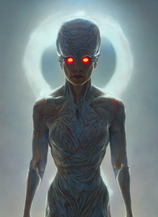 Image similar to biblical female android, glowing veins, in clouds, sunset, glowing eyes, snow, portrait by wayne barlowe, studio lighting, muted colors, by frank frazetta, extreme detail, reflections, trending on artstation, 8 k