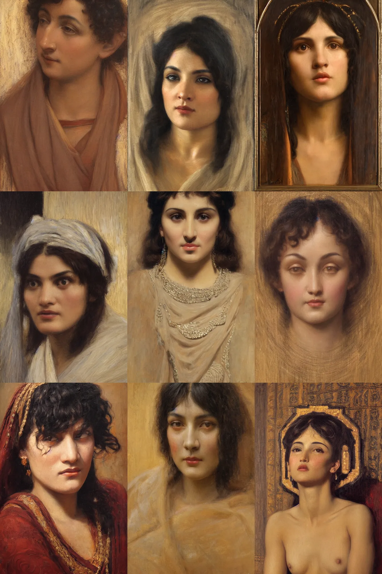 Prompt: orientalism face detail of a cute oracle with bangs and dark curls by edwin longsden long and theodore ralli and nasreddine dinet and adam styka, portrait en buste, masterful intricate art. oil on canvas, excellent lighting, high detail 8 k