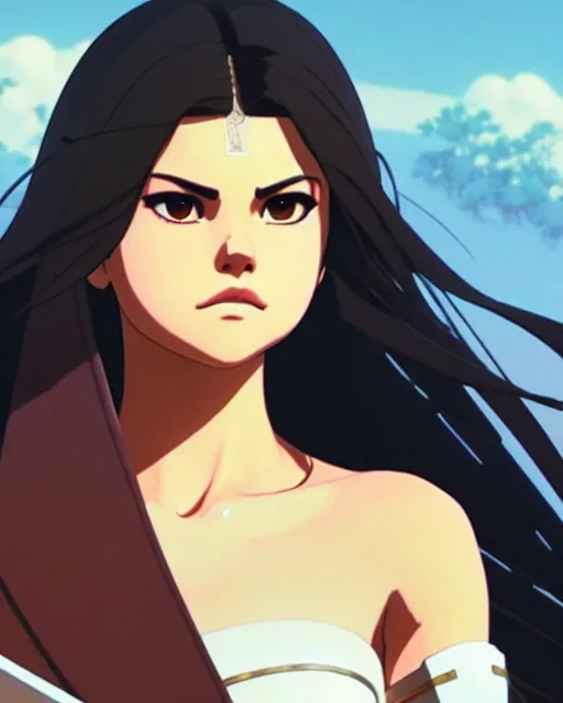 Image similar to selena gomez as an azctec warrior, detailed perfect face, exquisite details, fire magic, mid view, design on a white background, by studio muti, greg rutkowski makoto shinkai takashi takeuchi studio ghibli