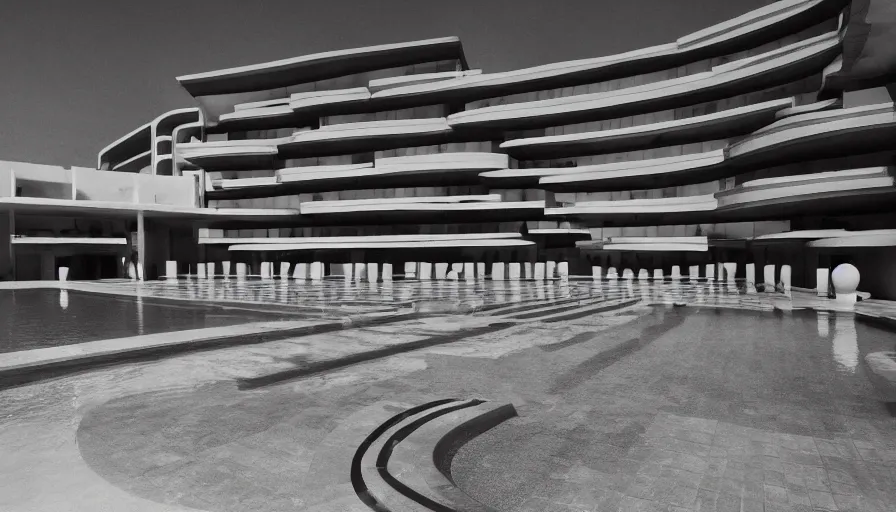 Image similar to symmetrical establishing shot of The unsettling courtyard of a monochrome modernist hotel designed by Luis Barragán, An empty swimming pool in the foreground. Walls are made of highly ornamented vaults arabesque arches Single point perspective photographed by Wes Anderson and Andreas Gursky. Cinematic, dramatic lighting, moody, eerie, illustration, uncanny, creepy Sigma 75mm, very detailed, golden hour, Symmetrical, centered, intricate, Dynamic Range, HDR,